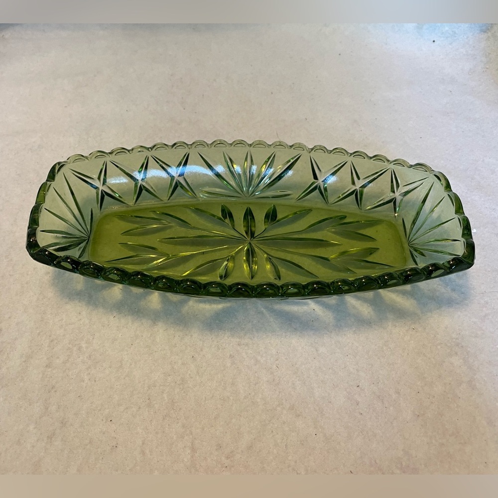 Vintage Hazel-Atlas Celery Relish Dish Presscut Green Star & Fan Design 50s 60s